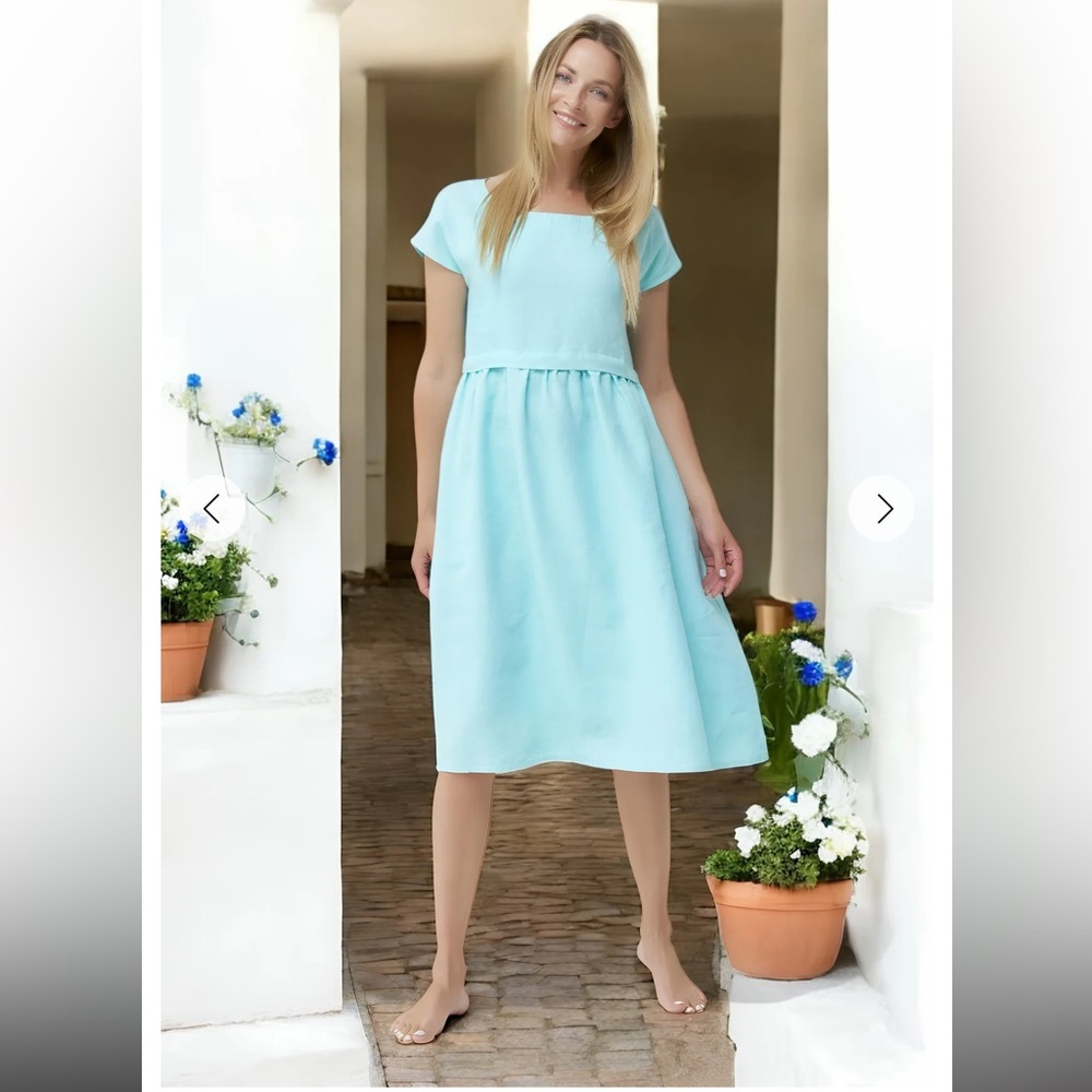 NWT Baltic Molly  Linen Womens Size 46 Mint Midi Dress Short Sleeve  Pockets